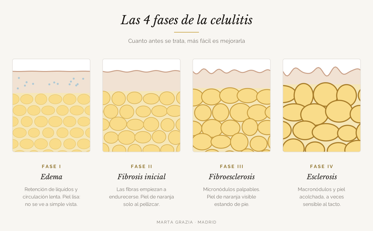 Diagrama de las 4 fases de la celulitis: edema, fibrosis inicial, fibroesclerosis y esclerosis